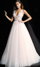 Jovani - 61109 Floral Applique Plunging V-neck Tulle Plus Size Prom Ballgown - designer ball gown at Silhouette Dresses