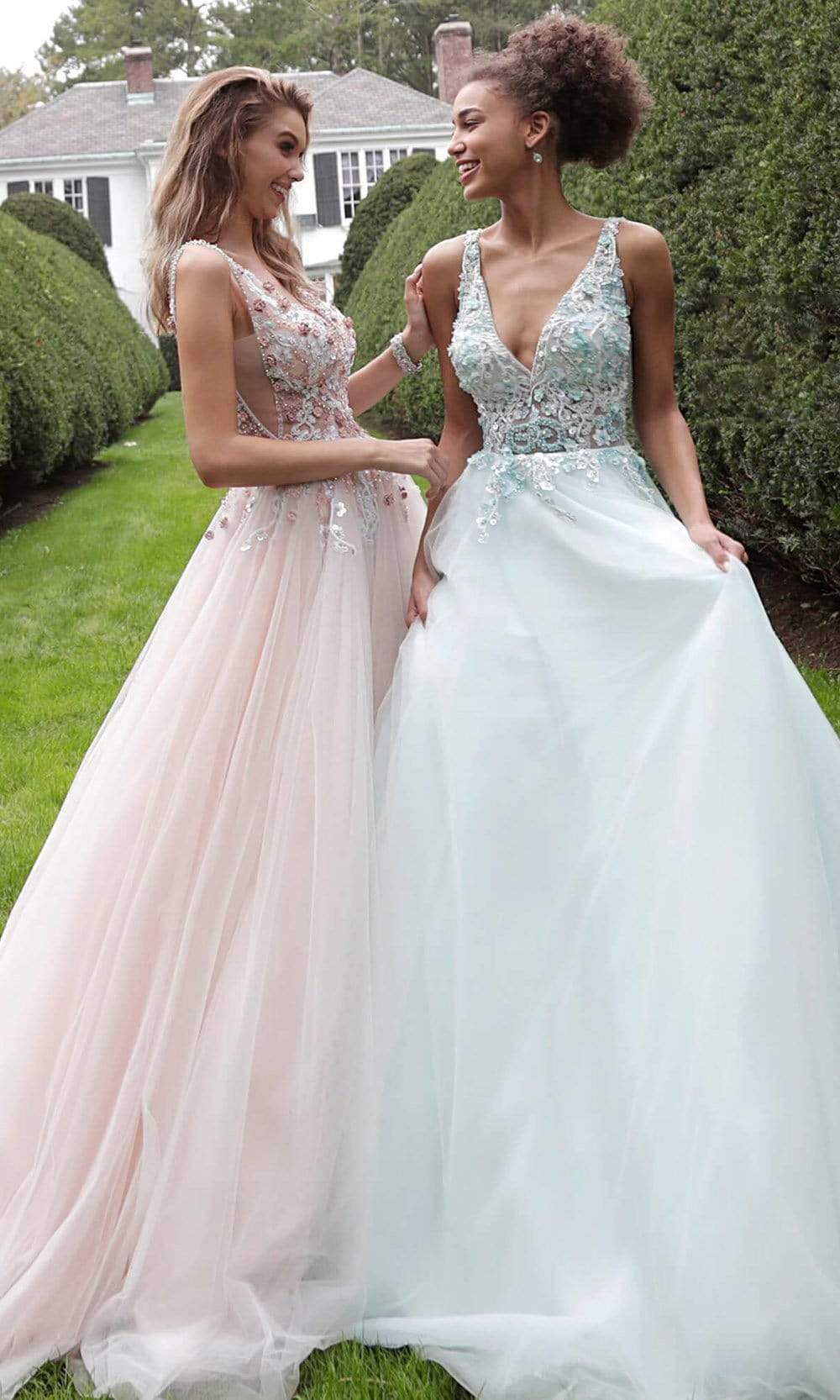 Jovani - 61109 Floral Applique Plunging V-neck Tulle Plus Size Prom Ballgown - detail view