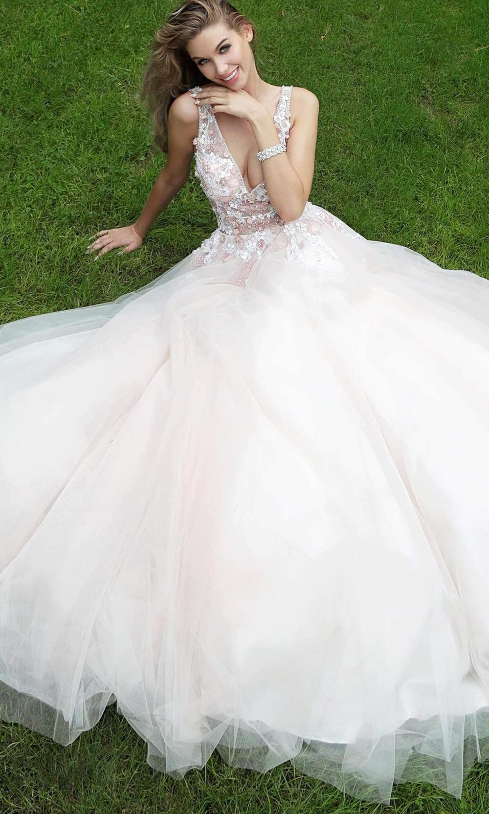 Jovani - 61109 Floral Applique Plunging V-neck Tulle Plus Size Prom Ballgown - back view