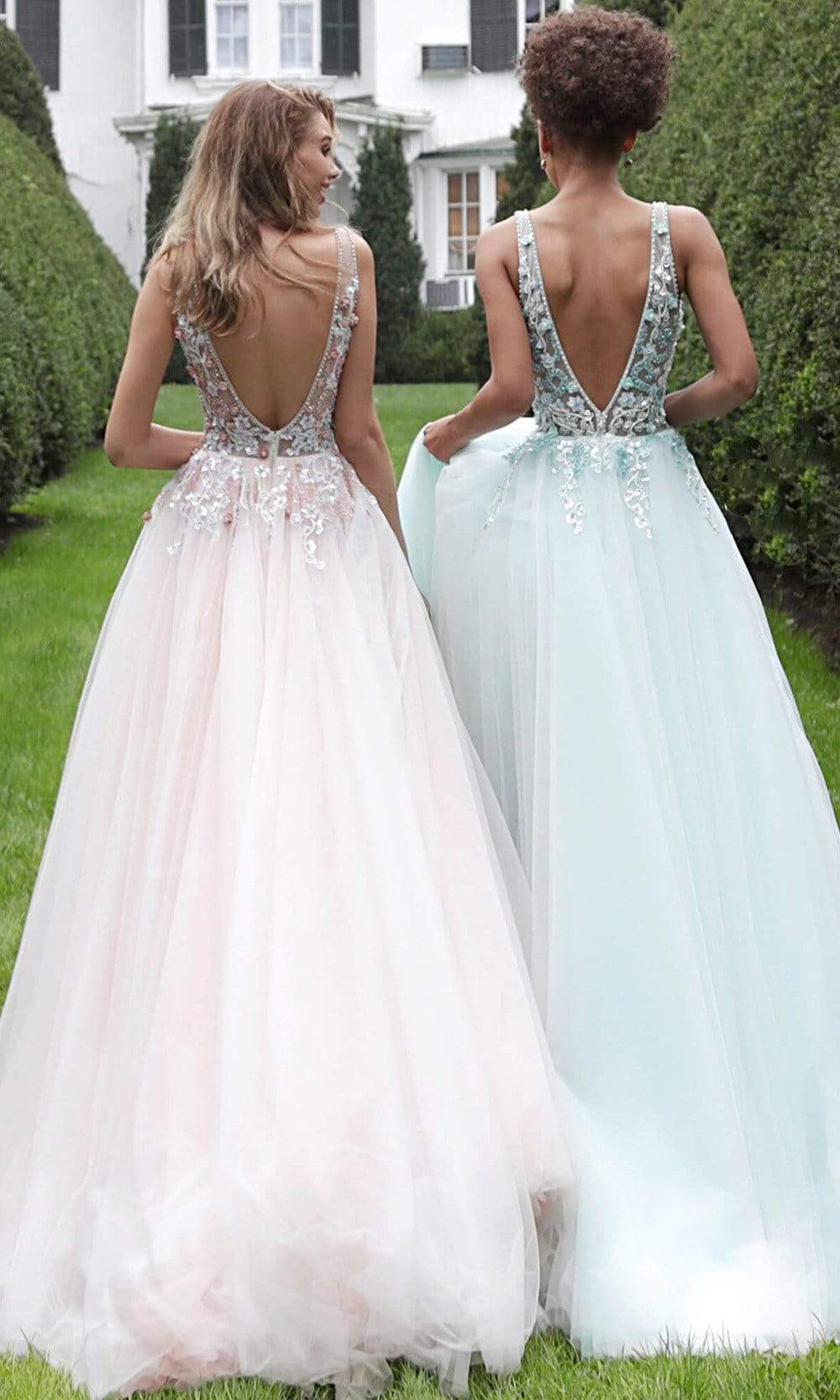 Jovani - 61109 Floral Applique Plunging V-neck Tulle Plus Size Prom Ballgown - view 4