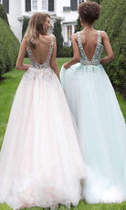 Jovani - 61109 Floral Applique Plunging V-neck Tulle Plus Size Prom Ballgown - view 4