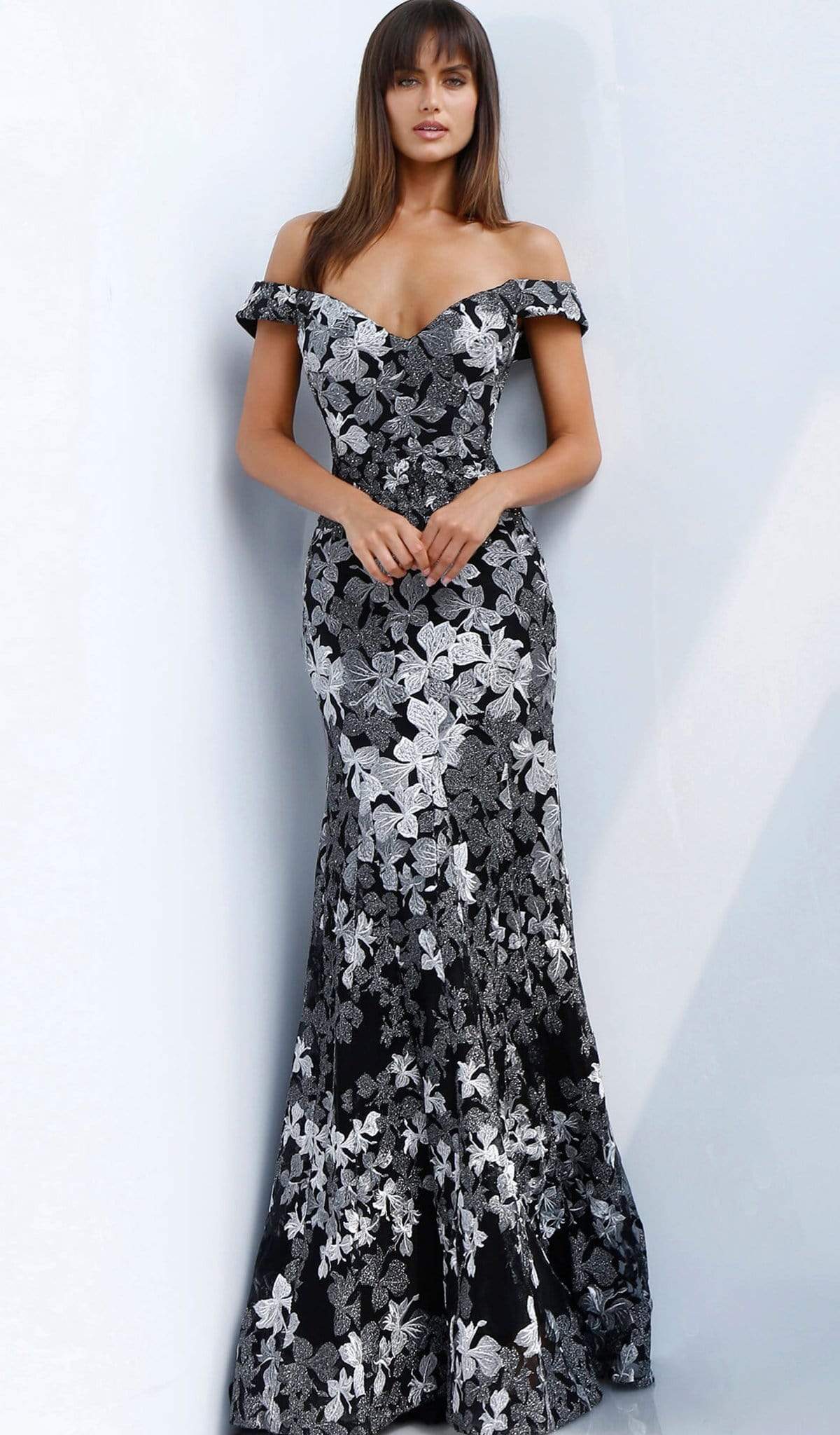 Jovani - 61380 Two Tone Embroidered Off-Shoulder Trumpet Dress - designer prom dress at Silhouette Dresses