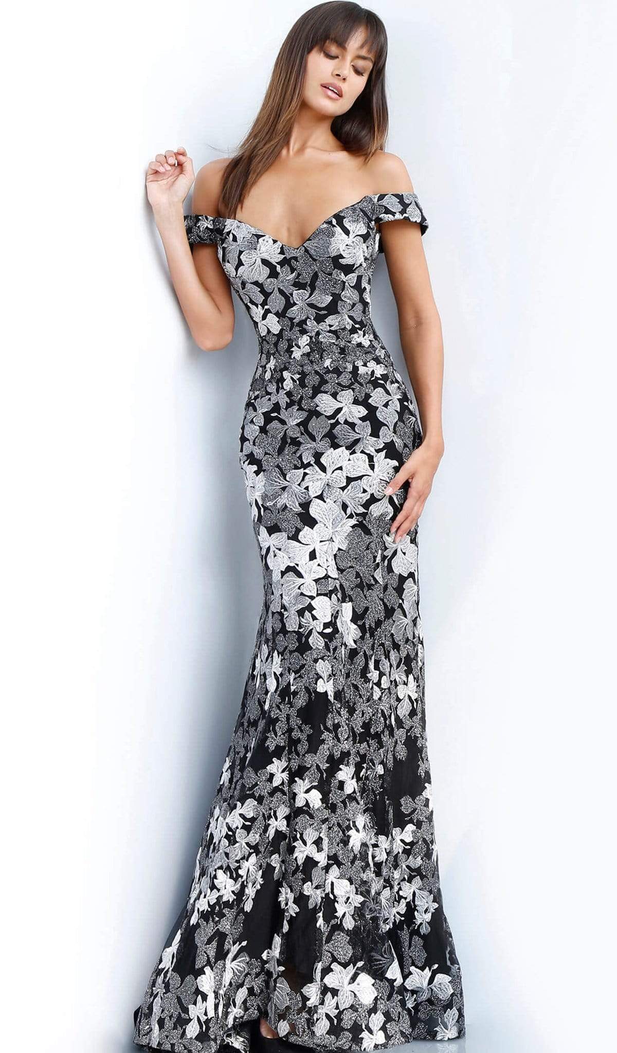 Jovani - 61380 Two Tone Embroidered Off-Shoulder Trumpet Dress - back view