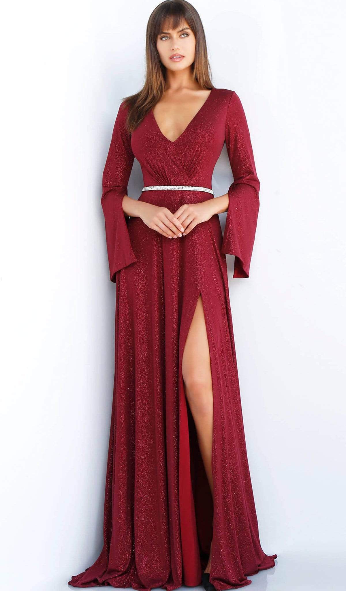 Jovani - 63124 Split Long Sleeve Glitter High Slit Gown - designer evening gown at Silhouette Dresses