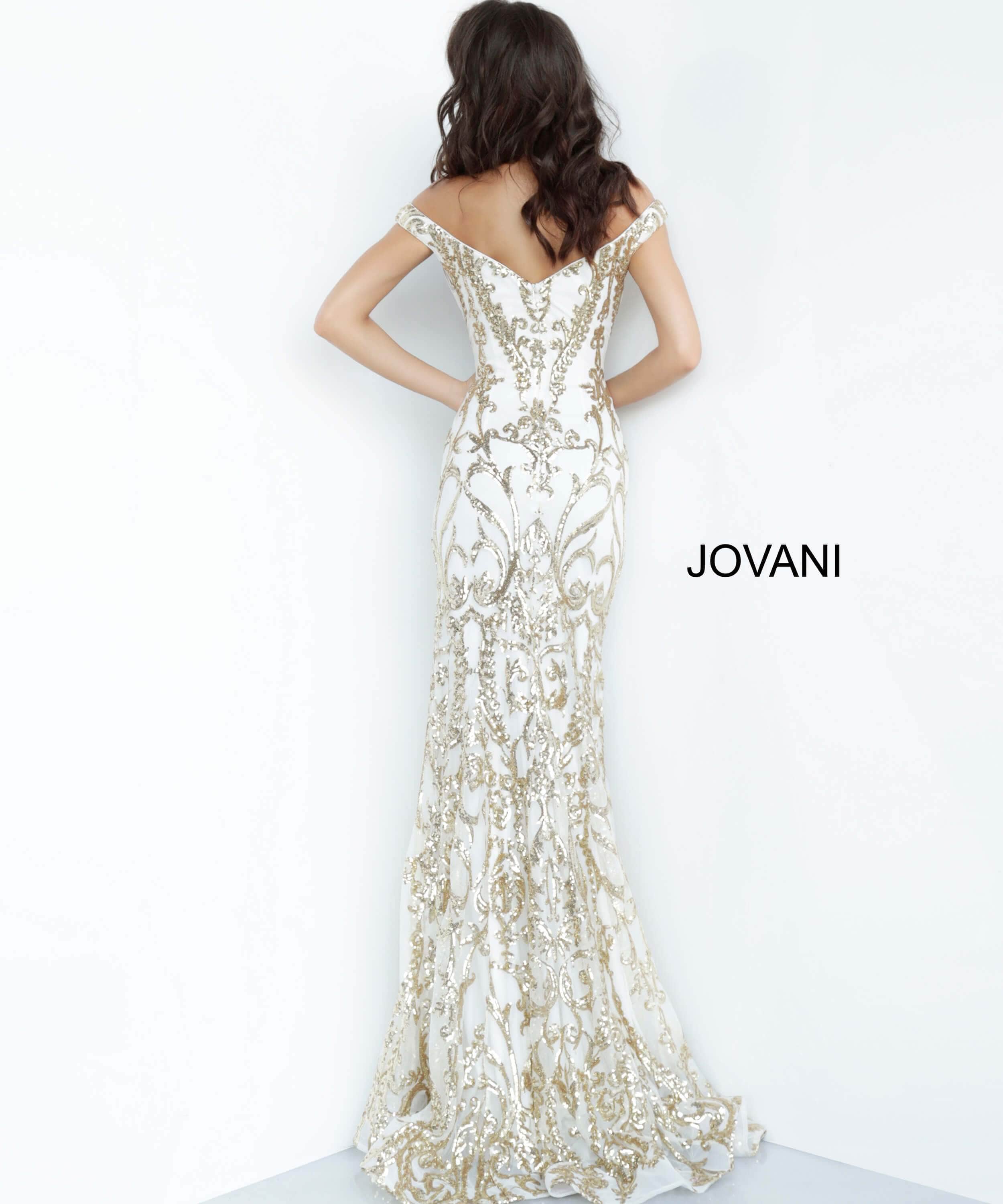 Jovani - 63349 Elaborate Metallic Sequined Off Shoulder Gown - detail view