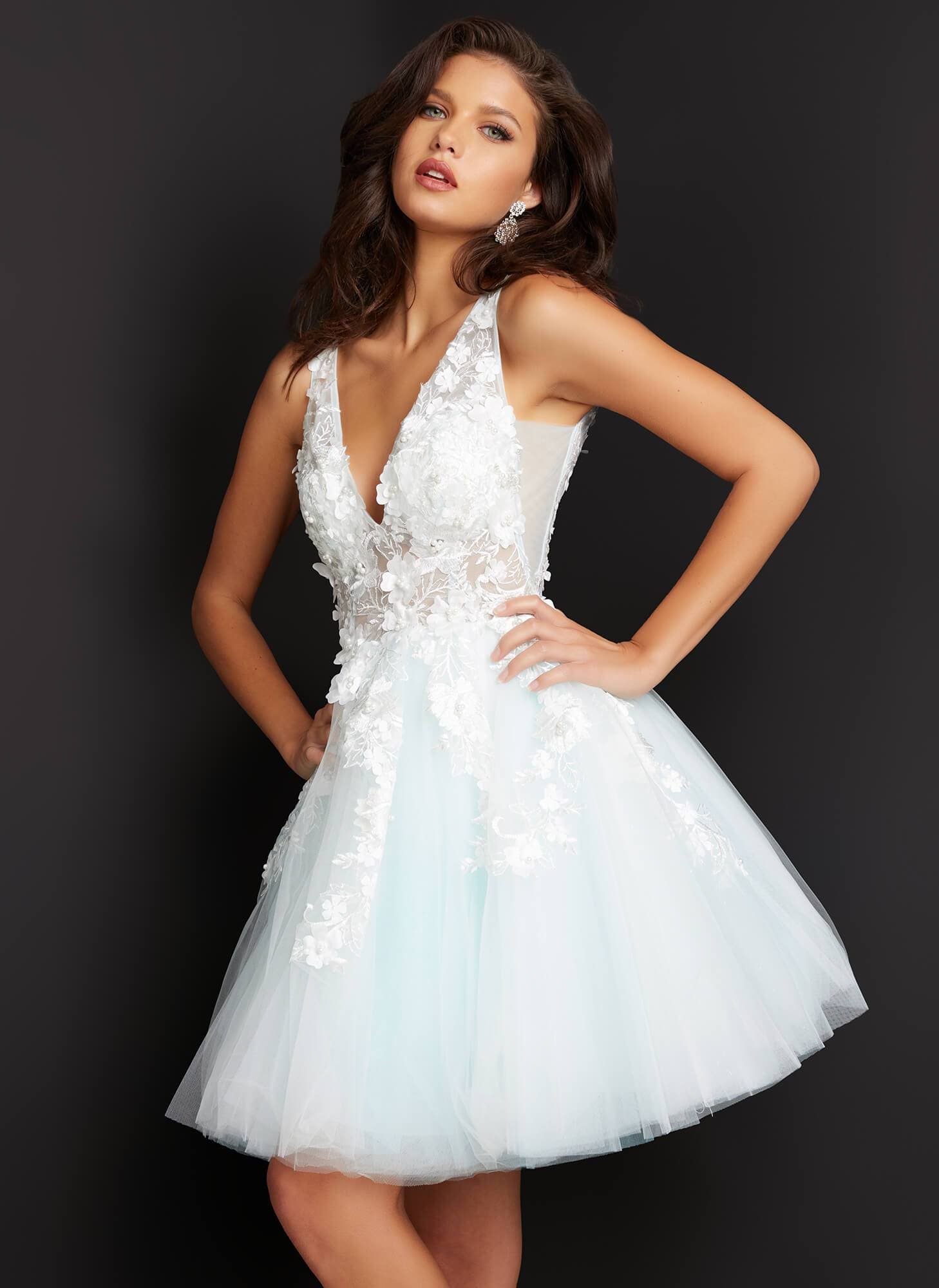 Jovani - 63987 Floral Appliqued A-Line Cocktail Dress - view 6