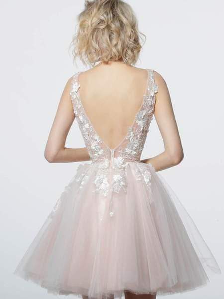 Jovani - 63987 Floral Appliqued A-Line Cocktail Dress - back view
