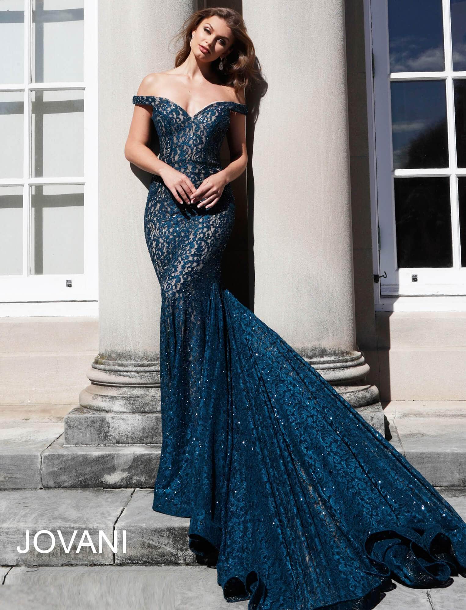 Jovani 64521 Lace Off-Shoulder Mermaid Dress With Train - back view