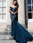Jovani 64521 Lace Off-Shoulder Mermaid Dress With Train - back view