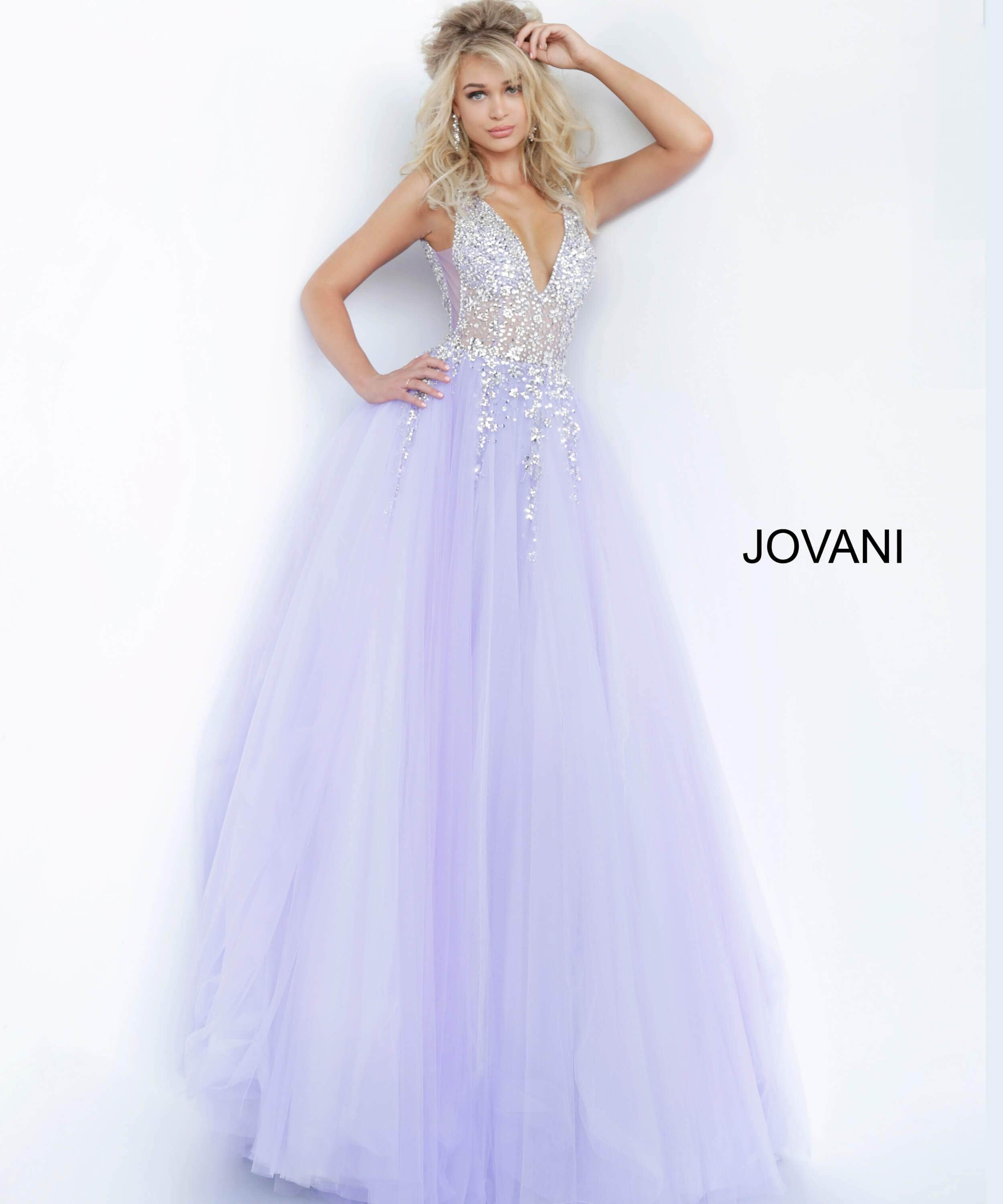 Jovani 65379 - Crystal Embellished Plunging V-neck Ballgown - detail view