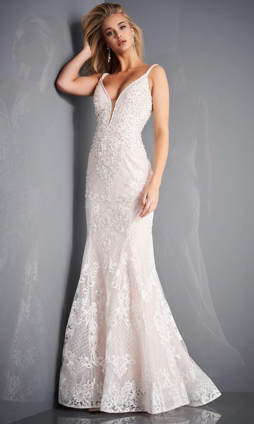 Jovani - 66792 Embroidered Deep V Neck Trumpet Dress - designer wedding dress at Silhouette Dresses