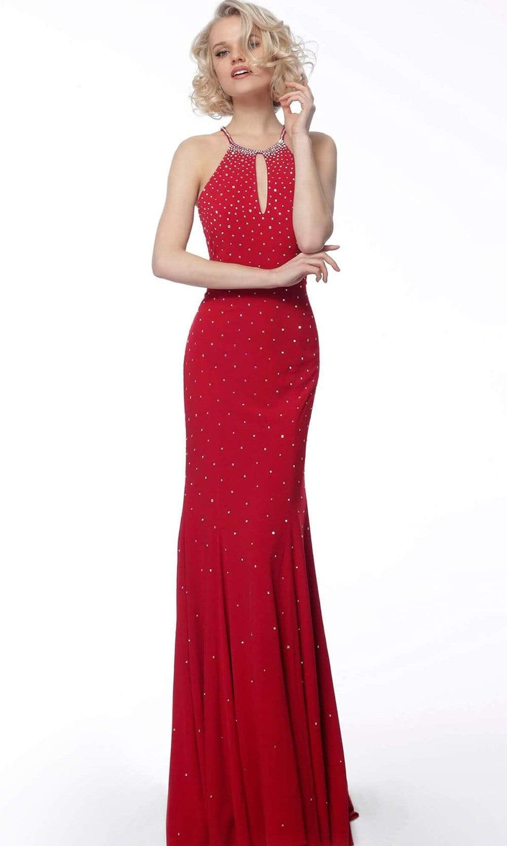Jovani - 67101 Beaded Halter Jersey Trumpet Dress - detail view