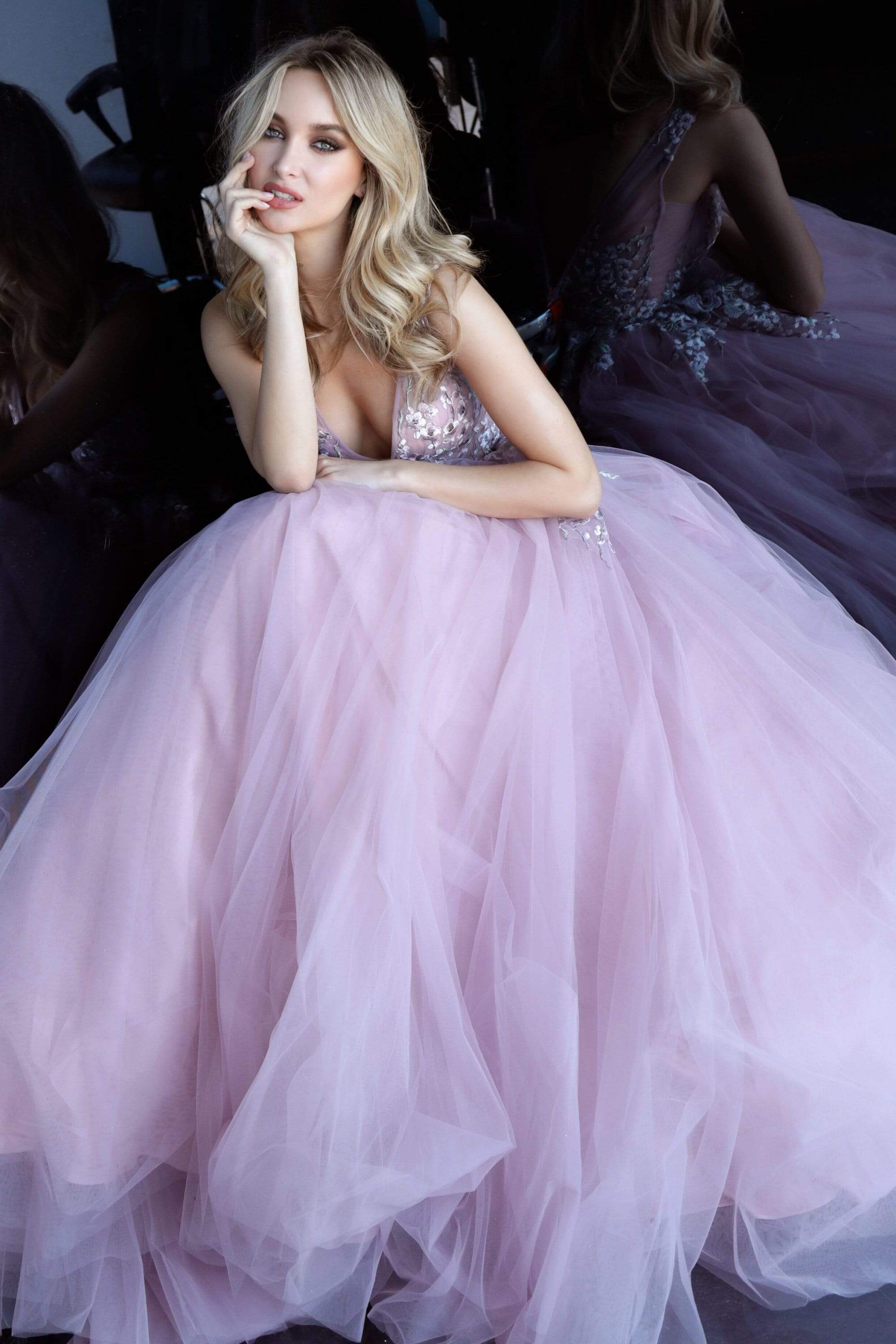 Jovani - 67459 V-Neck Tulle Long A-Line Dress - designer prom dress at Silhouette Dresses
