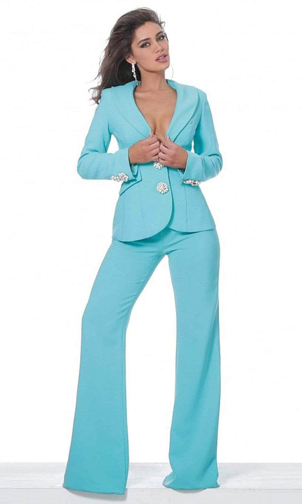 Jovani - Collared Plunging V-Neck Formal Pantsuit 02637SC - detail view