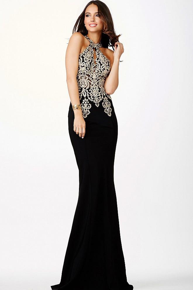 JVN by Jovani - Fitted Halter Lace Evening Dress JVN33691 - designer evening gown at Silhouette Dresses