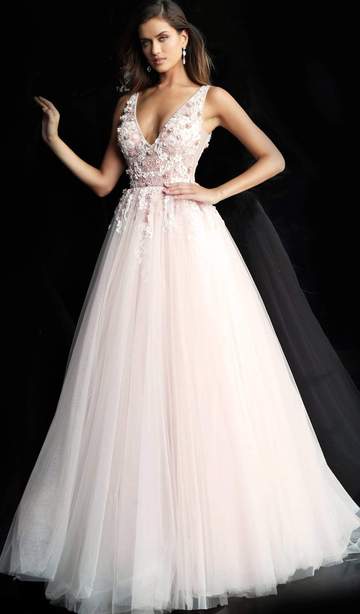 Jovani - Floral Embellished Plunging V-Neck Pleated Ballgown 61109SC - designer prom dress at Silhouette Dresses