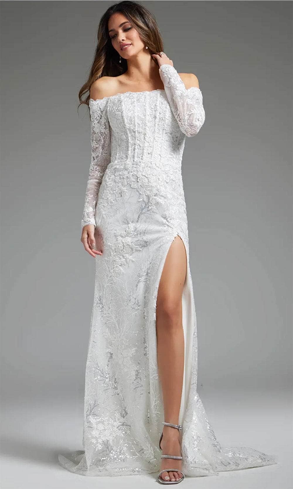 Jovani JB23106 - Long Sleeve Off Shoulder Bridal Gown - back view