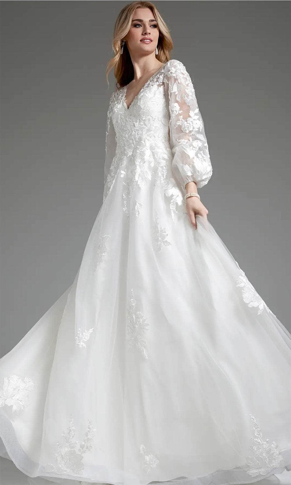 Jovani JB25731 - Applique Bishop Sleeve Bridal Gown - back view