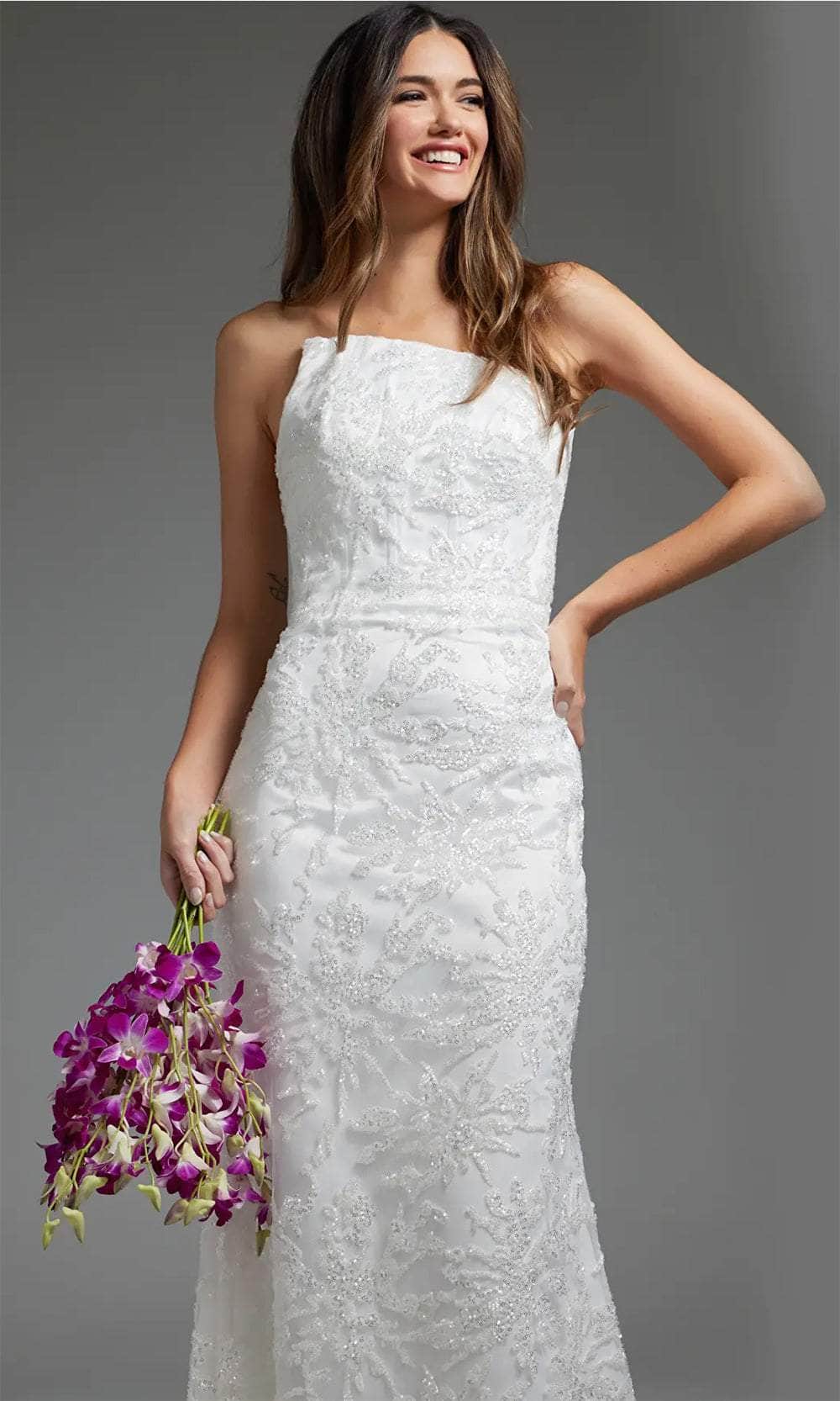 Jovani JB40608 - Allover Beaded Asymmetric Bridal Gown - back view