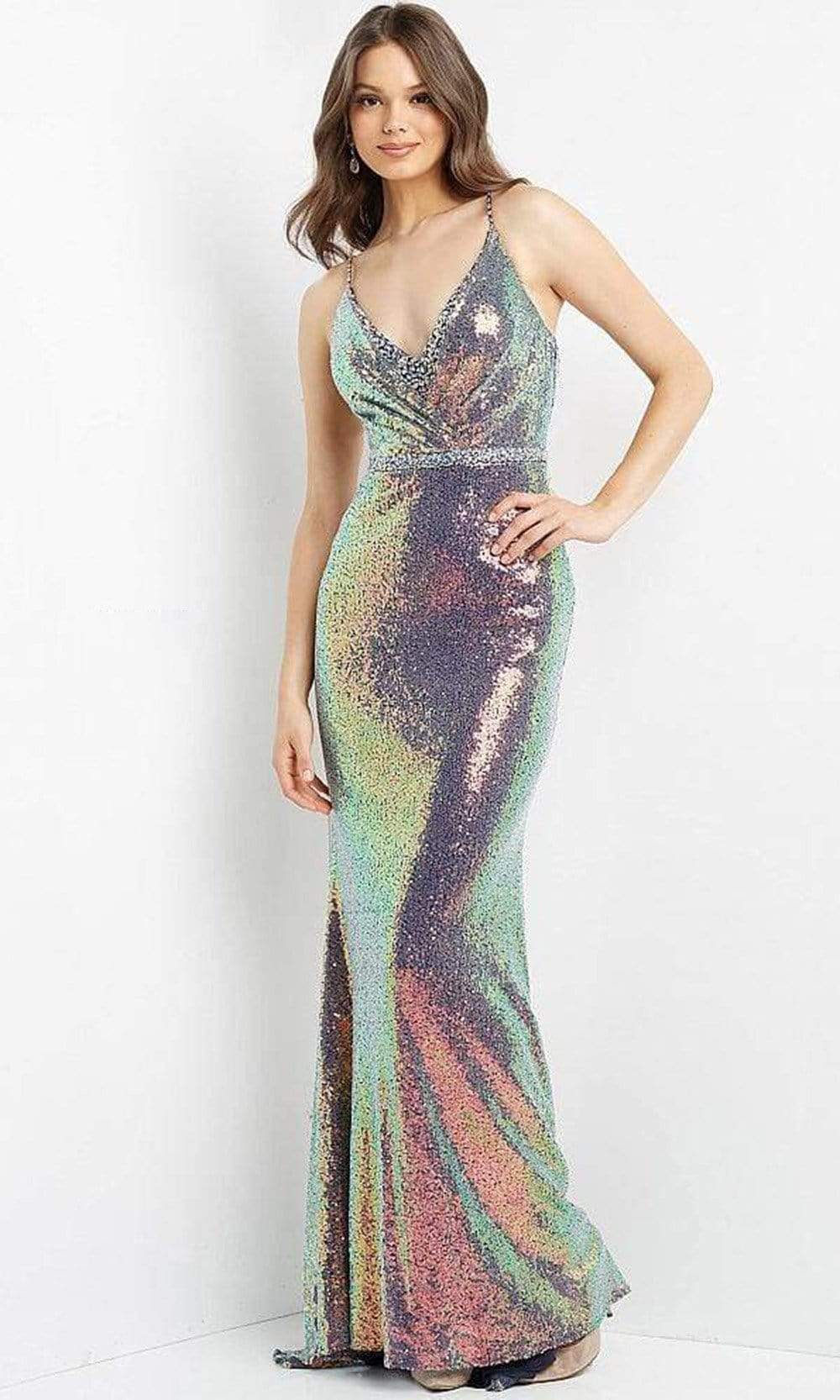 holographic formal dress JVN by Jovani holographic fabric dress
