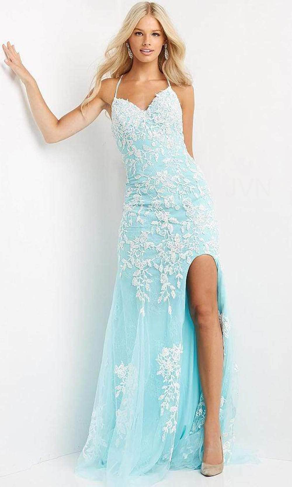 Jovani 06660 - Long Appliqued High Slit Sheath Gown - view 4