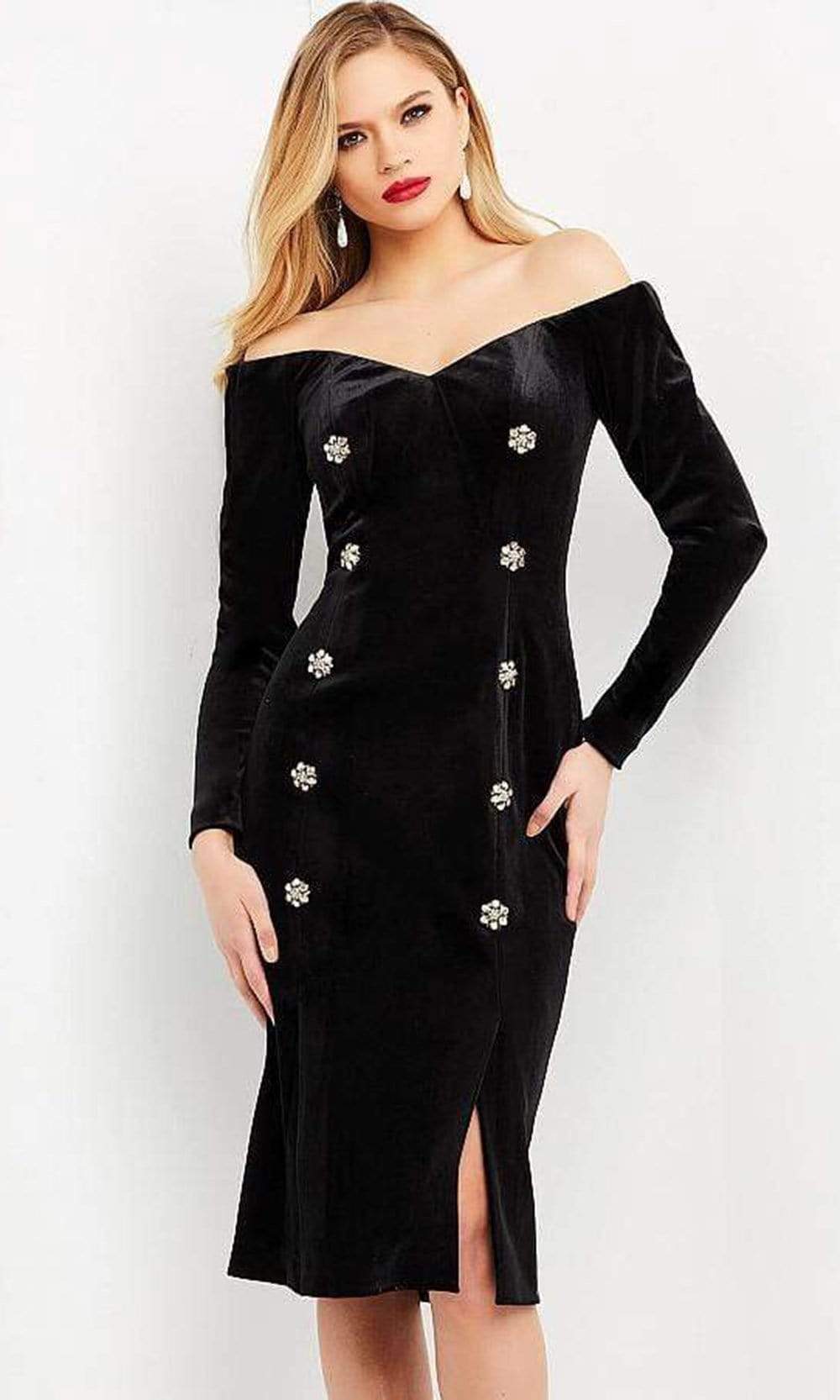 Jovani - M3285 Off Shoulder Velvet Knee Length Dress - designer formal gown at Silhouette Dresses