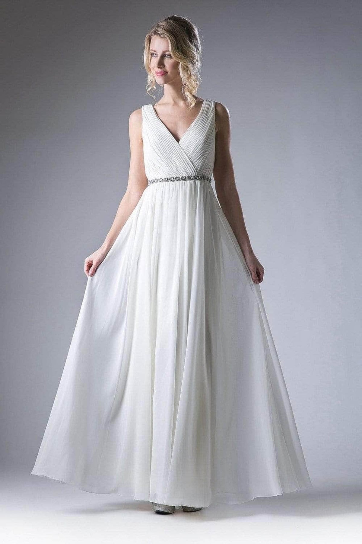 Ladivine 1001 - Adorned Surplice Pleated V-neck A-line Dress