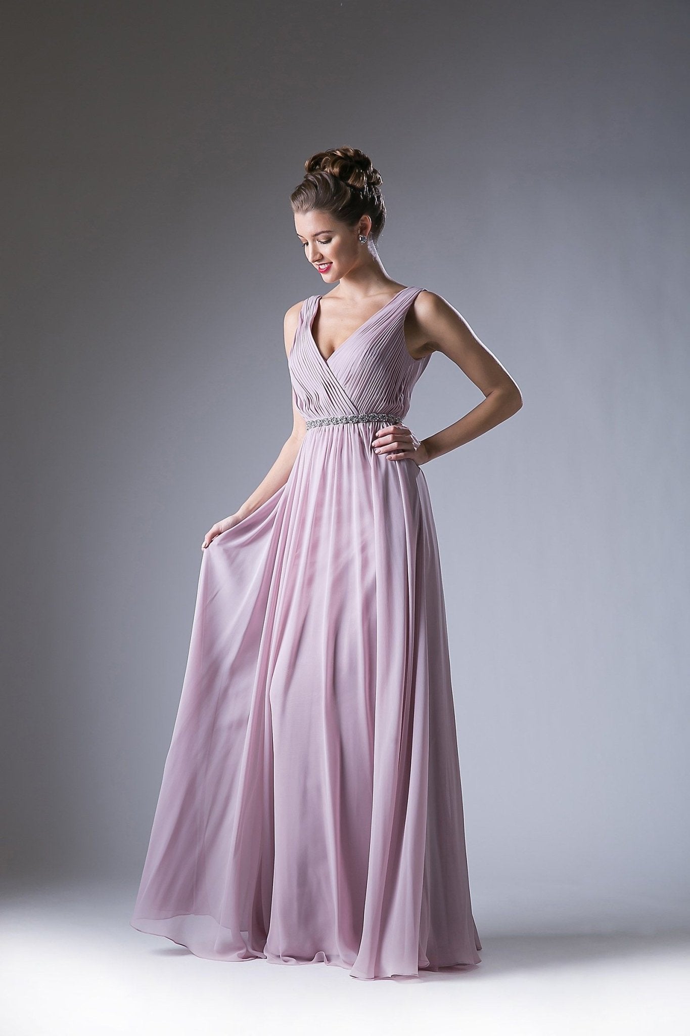 Ladivine 1001 - Adorned Surplice Pleated V-neck A-line Dress - Silhouette Dresses