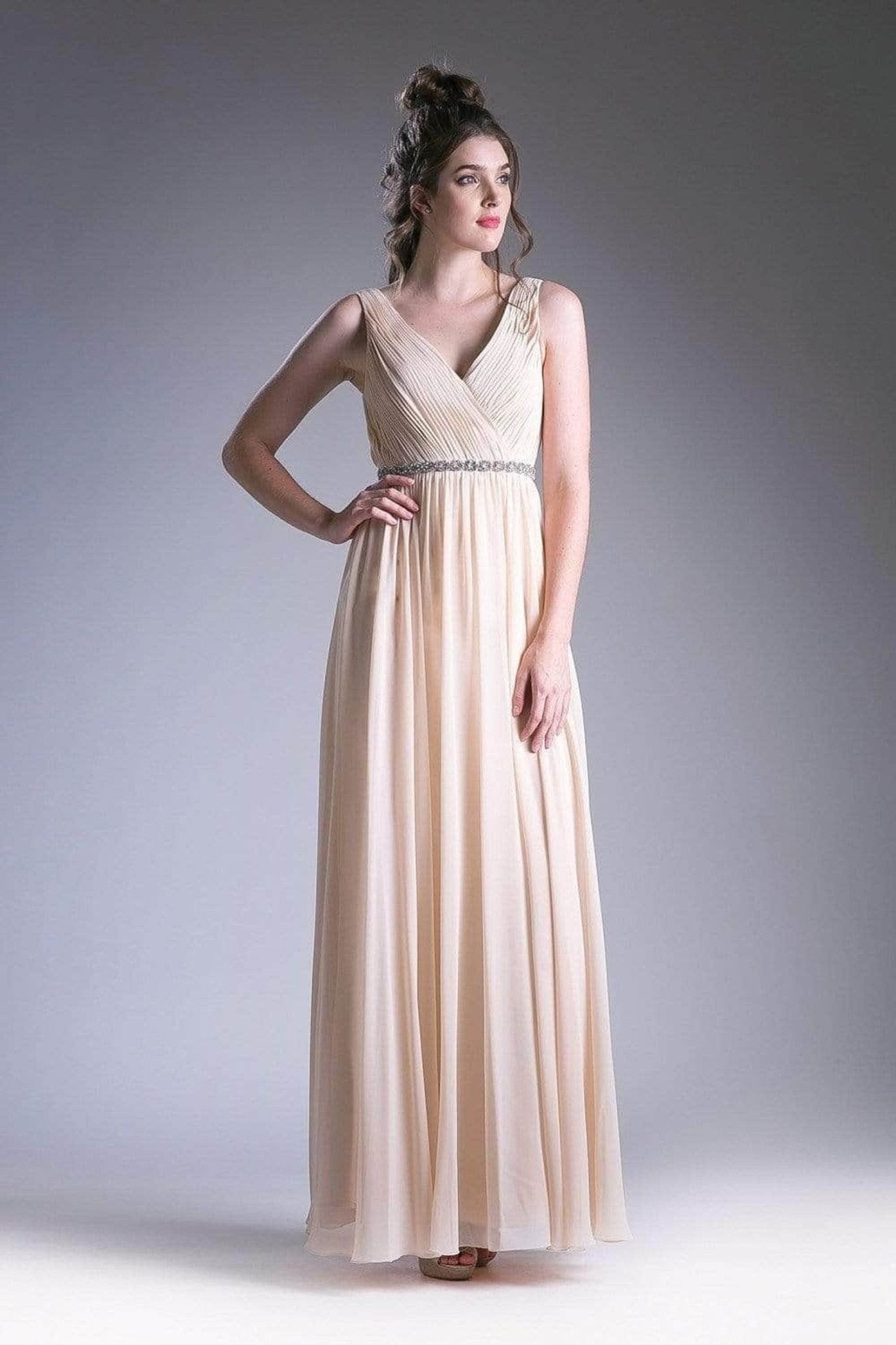 Ladivine 1001 - Adorned Surplice Pleated V-neck A-line Dress - Silhouette Dresses