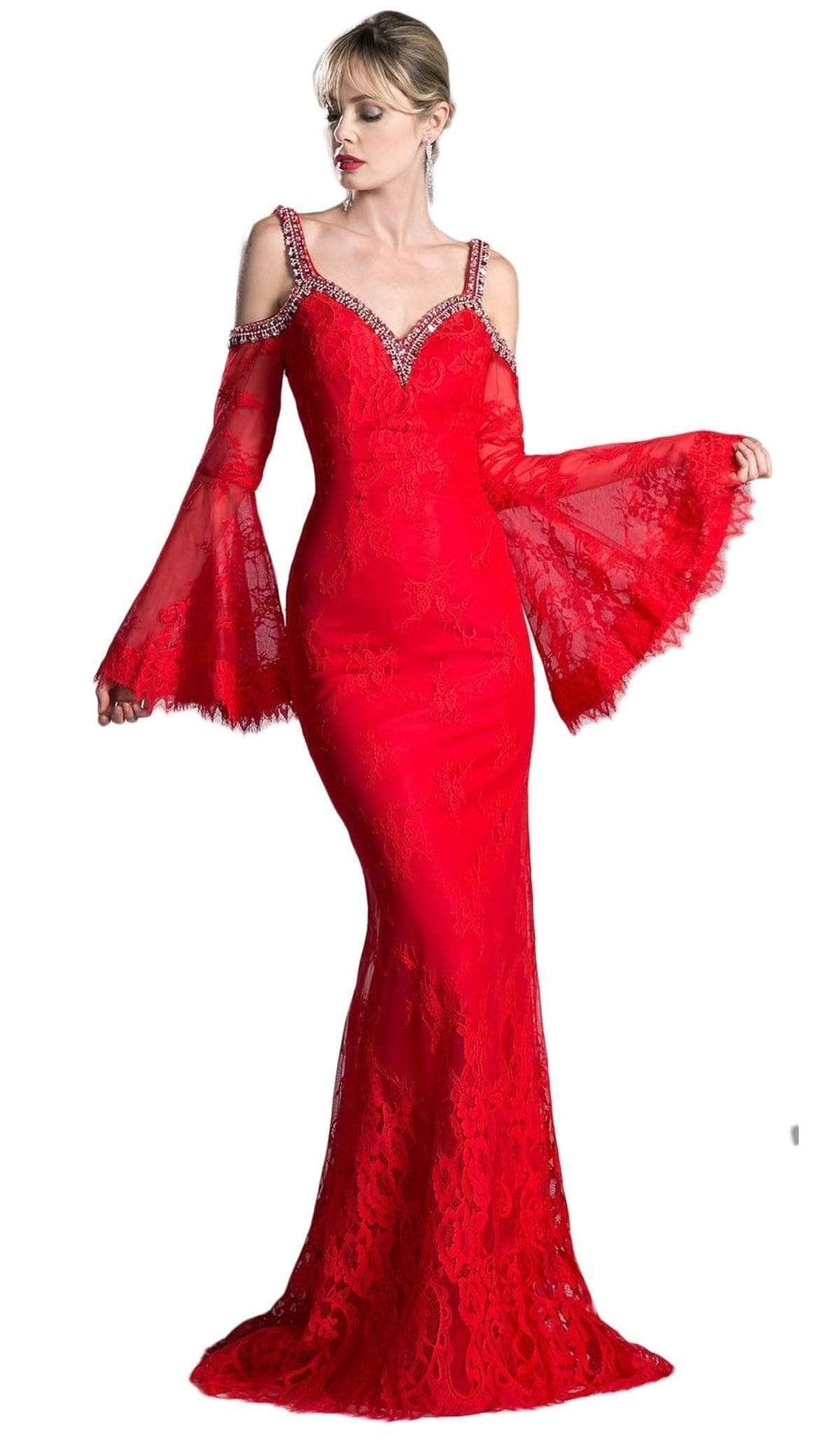 Ladivine 13112 - Adorned Lace Long Bell Sleeve Sheath Dress