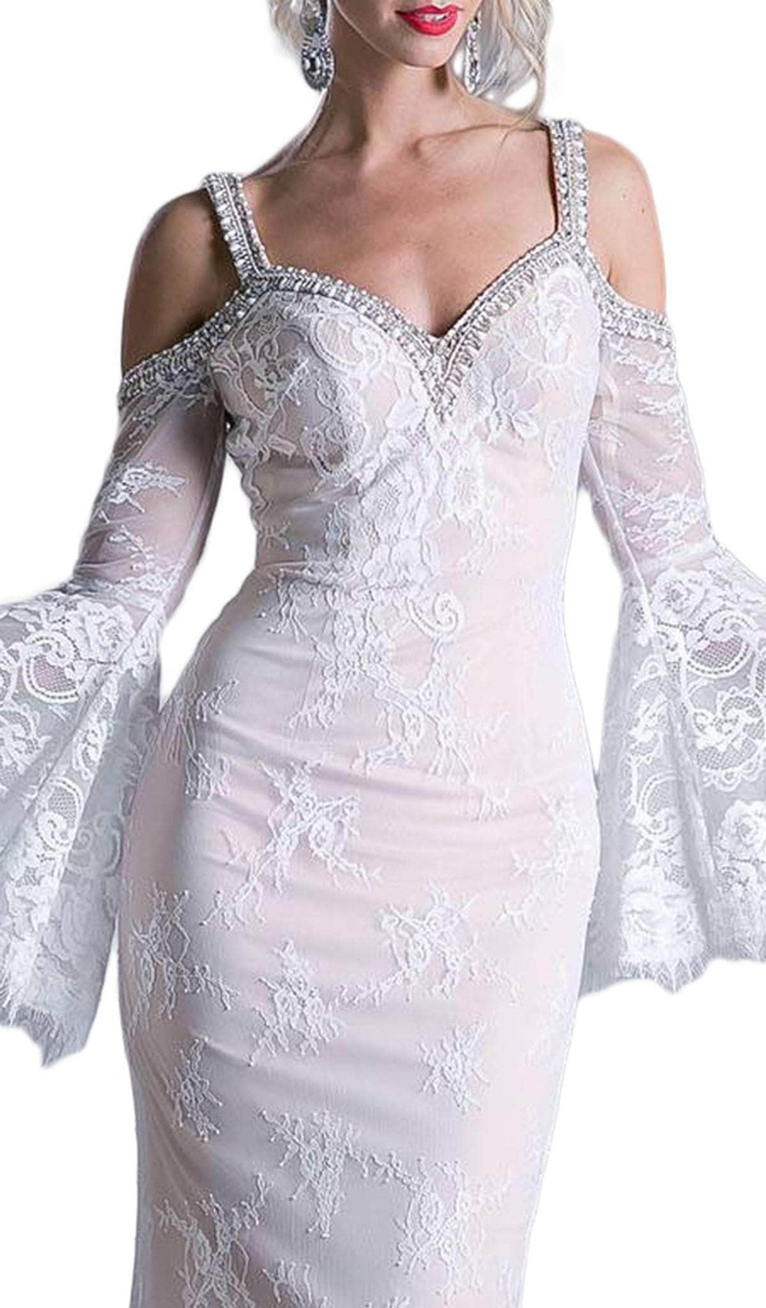 Ladivine 13112 - Adorned Lace Long Bell Sleeve Sheath Dress