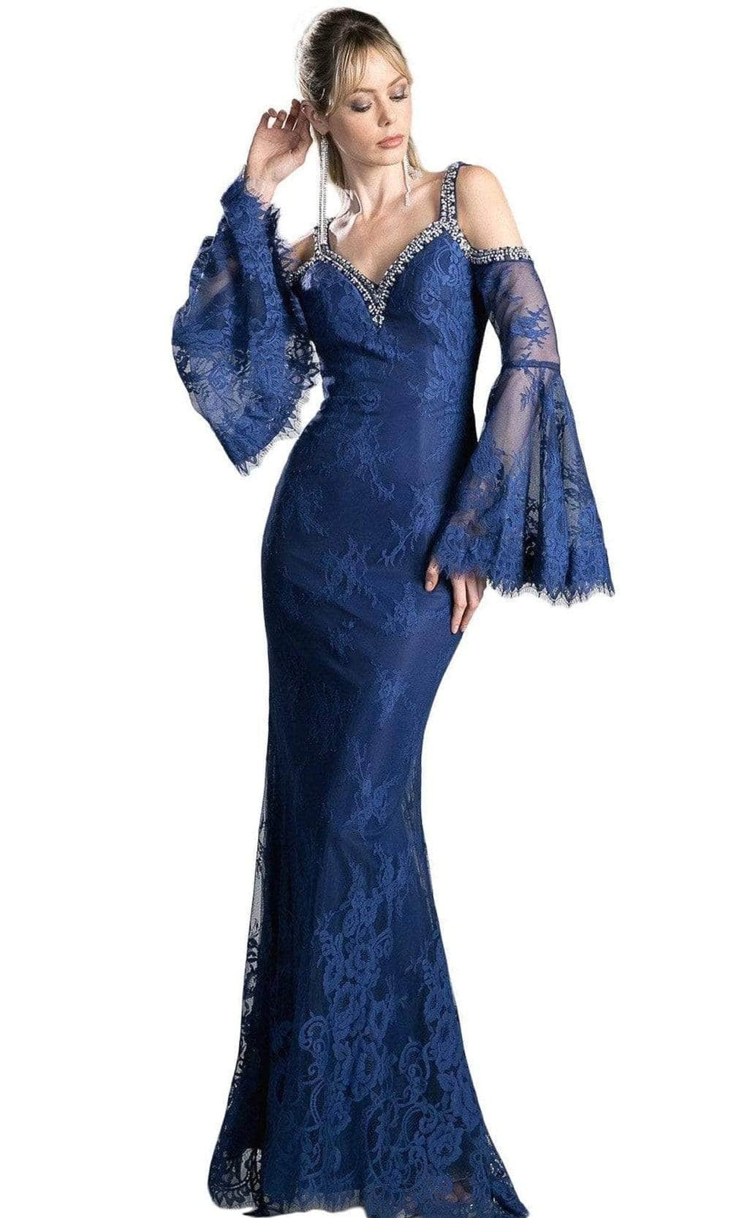 Ladivine 13112 - Adorned Lace Long Bell Sleeve Sheath Dress