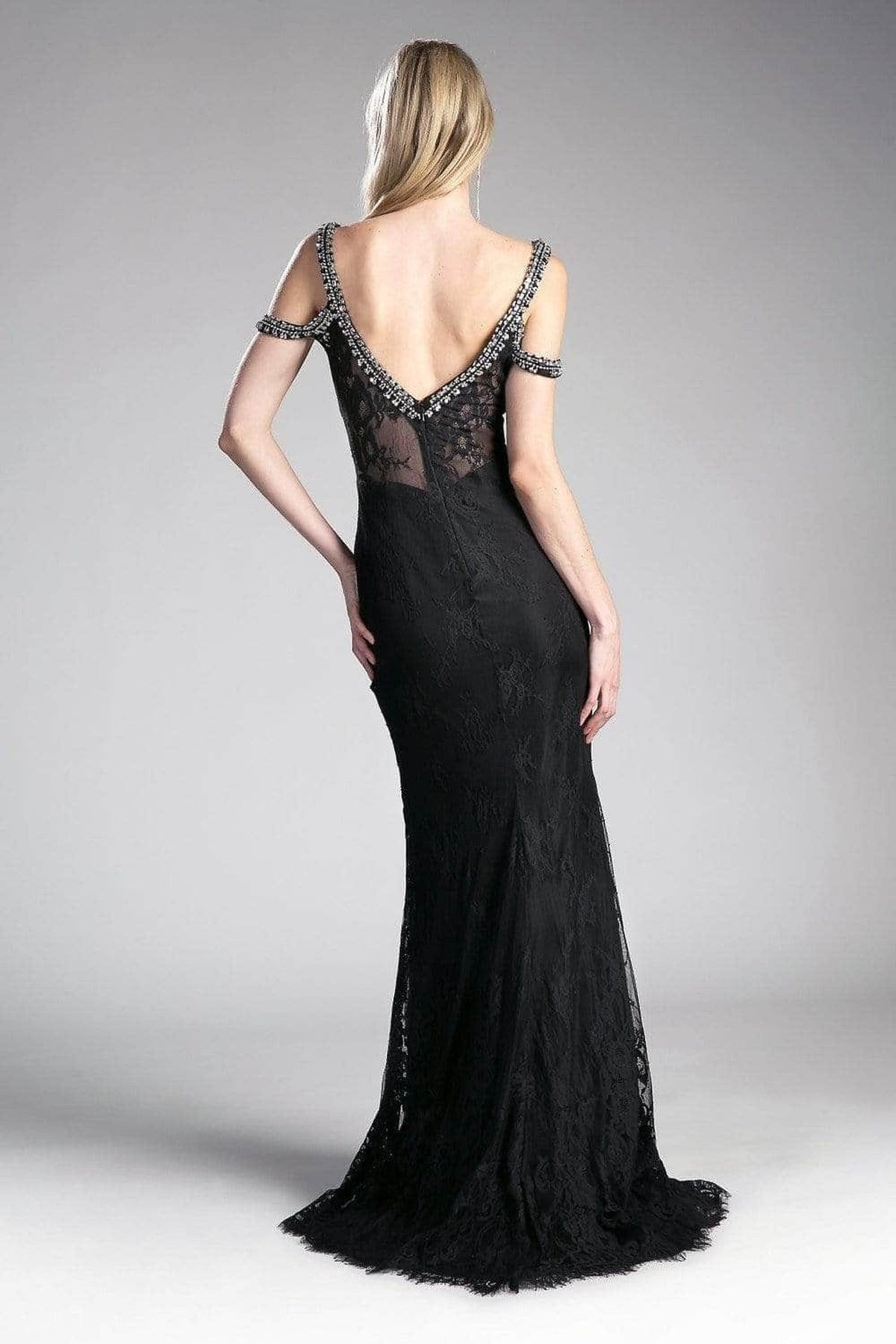 Ladivine 13112A - Adorned Strappy V-neck Lace Fitted Dress