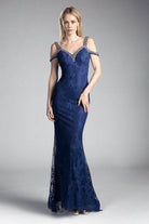 Ladivine 13112A - Adorned Strappy V-neck Lace Fitted Dress