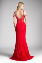Ladivine 13112A - Adorned Strappy V-neck Lace Fitted Dress