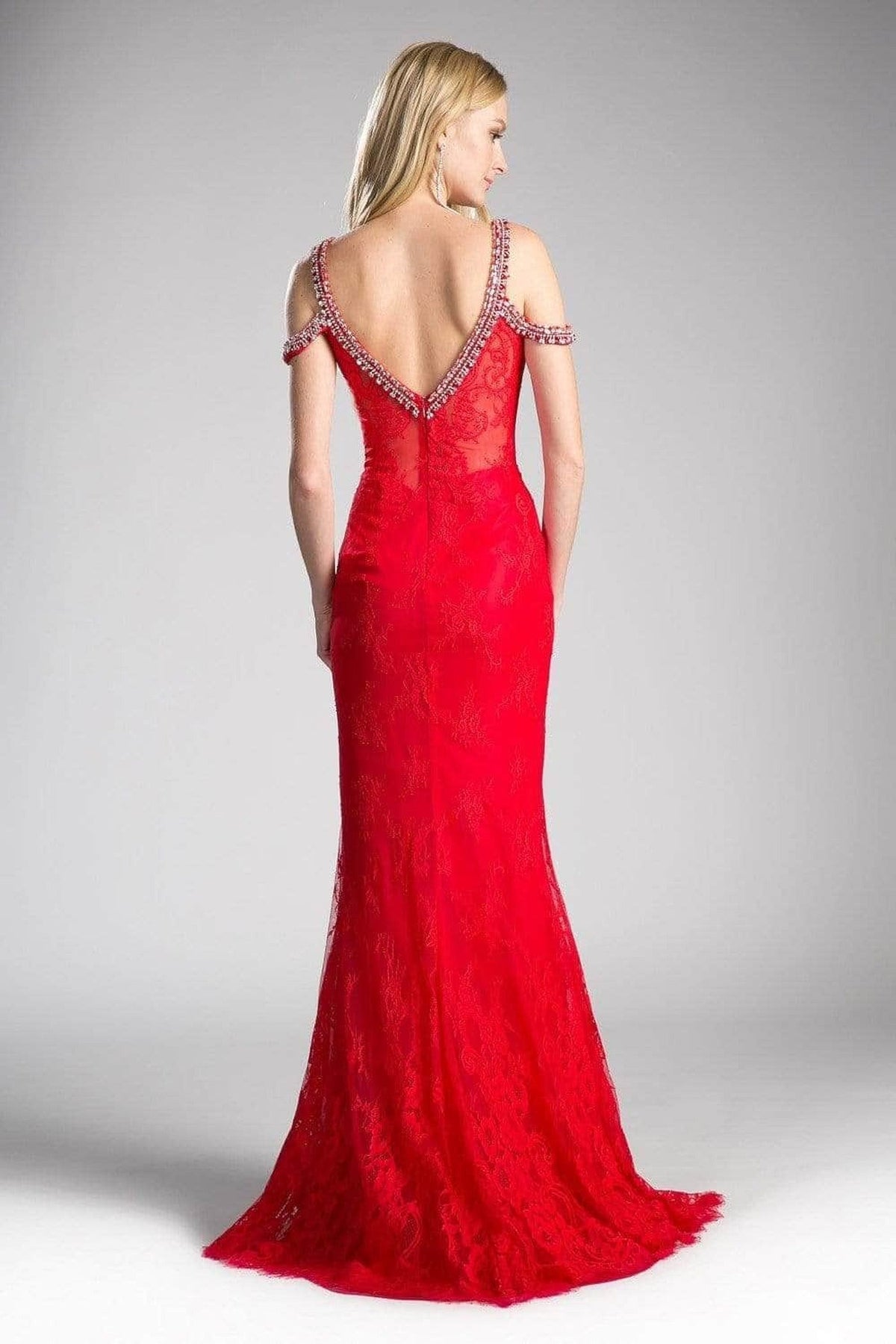 Ladivine 13112A - Adorned Strappy V-neck Lace Fitted Dress