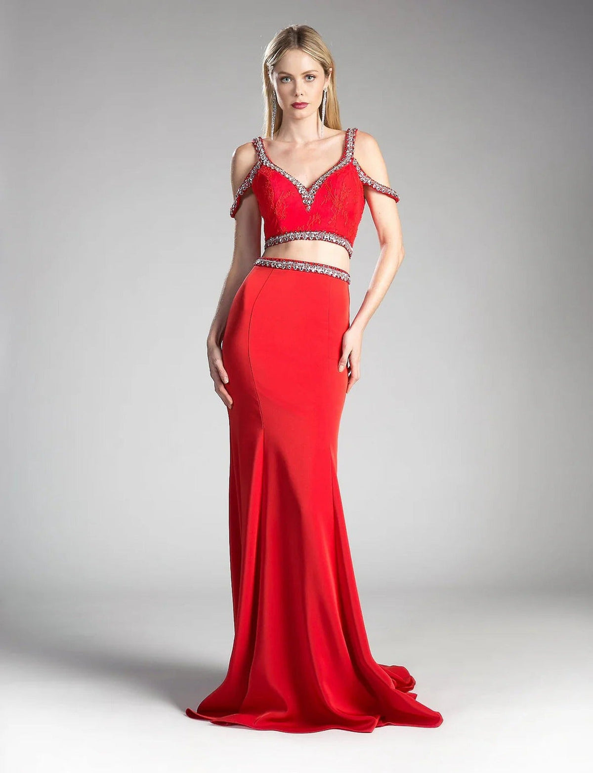Ladivine 13114A - Embellished Two Piece V-neck Fitted Dress