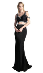 Ladivine 13114A - Embellished Two Piece V-neck Fitted Dress