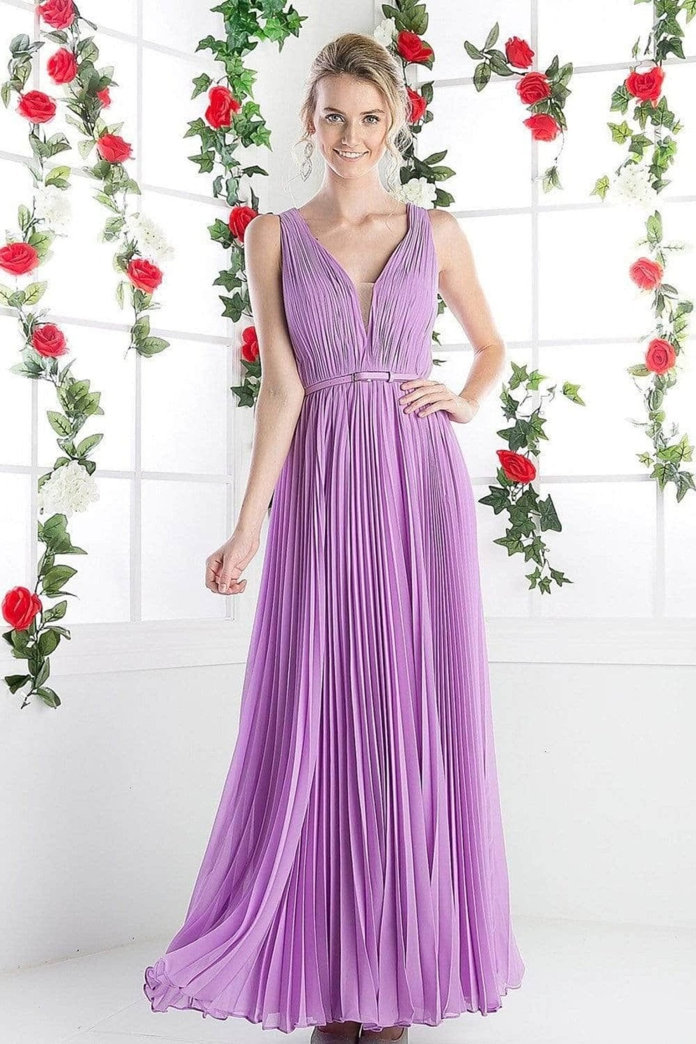 Ladivine 1499 - Sleeveless V-Neck A-Line Dress - Silhouette Dresses