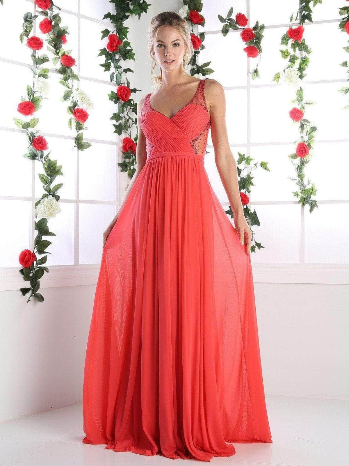 Ladivine 5061 - Crisscrossed Adorned Illusion Panel Gown