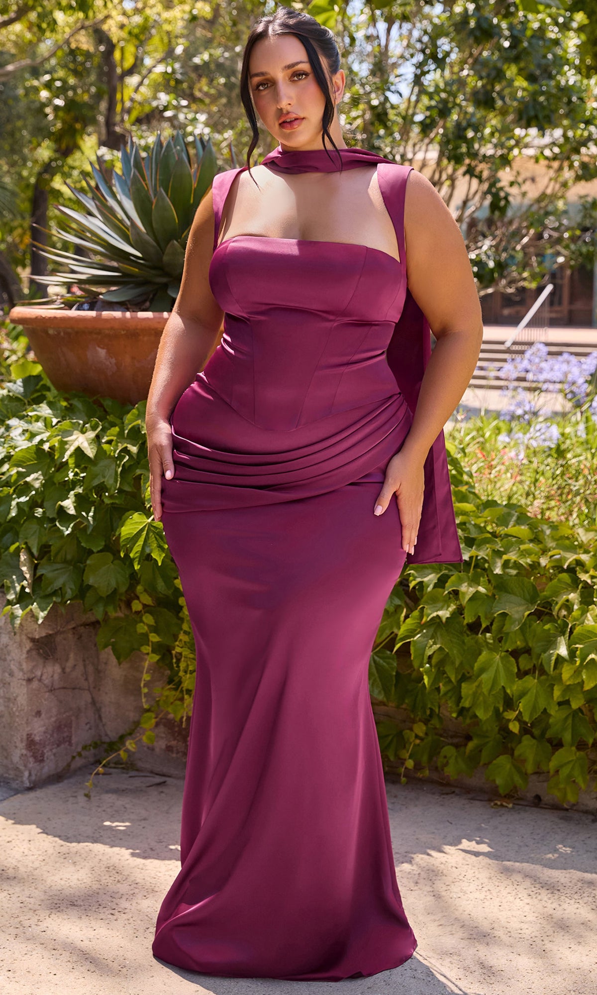 Ladivine 7437 Wide Strap Draped Satin Dress