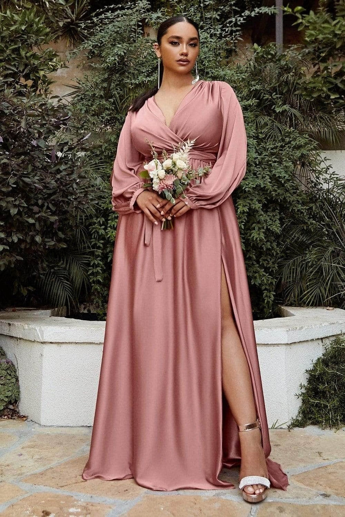 Ladivine 7475 - Long Sleeve High Slit Gown