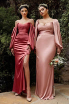 Ladivine 7482 - Soft Satin Billowy Sleeve Gown