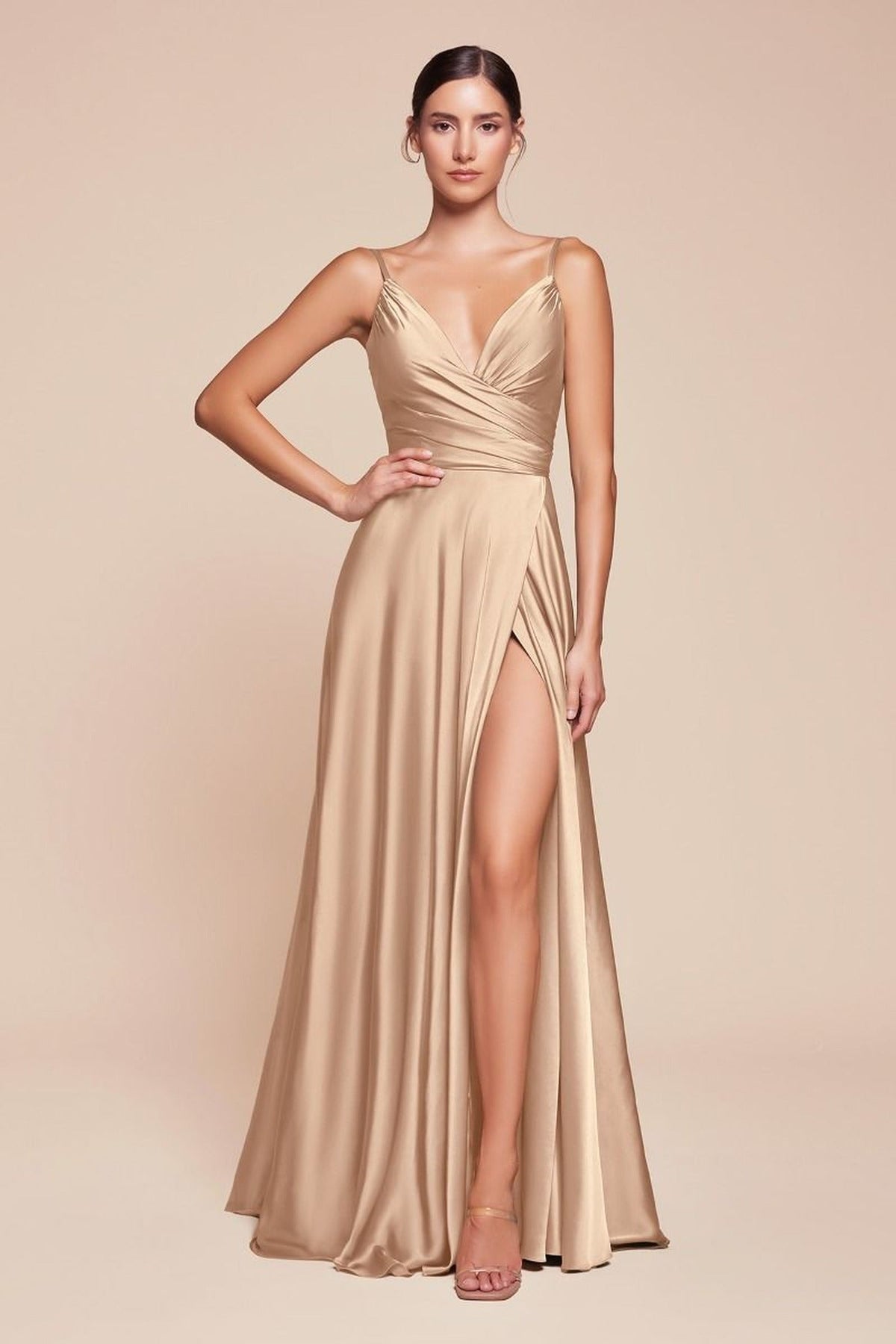 Ladivine 7485C - Sweetheart Spaghetti Strap High Slit Gown