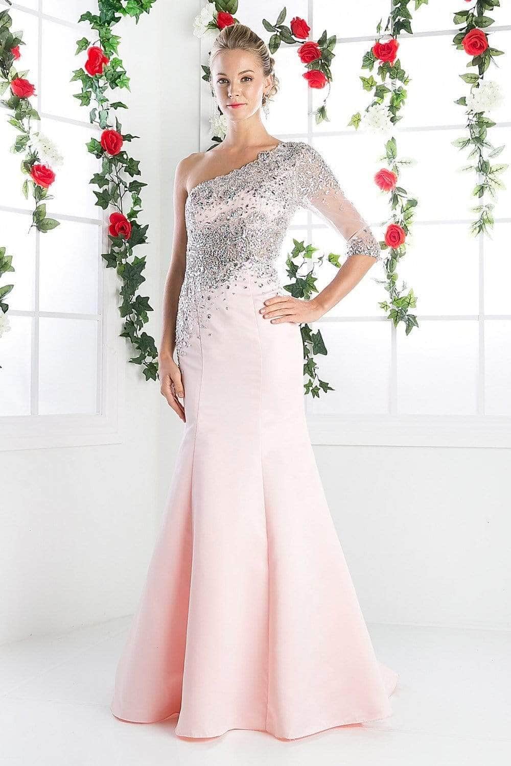 Ladivine 8789 - Embellished Asymmetric Neck Trumpet Dress
