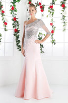 Ladivine 8789 - Embellished Asymmetric Neck Trumpet Dress