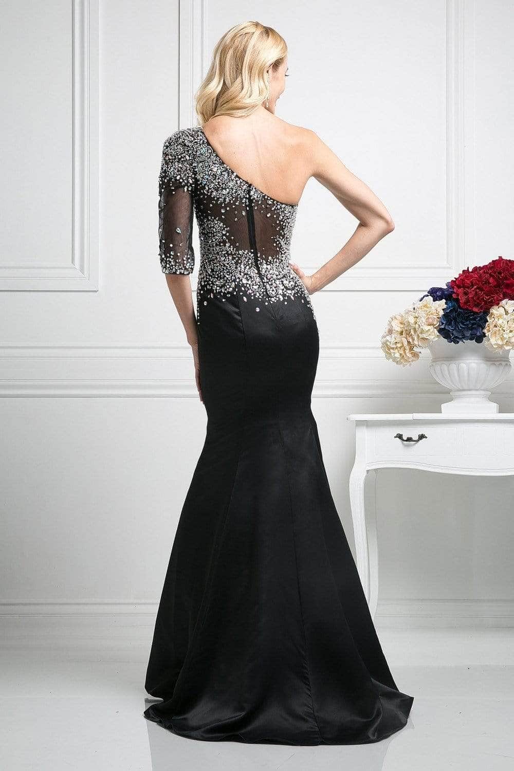 Ladivine 8789 - Embellished Asymmetric Neck Trumpet Dress