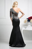 Ladivine 8789 - Embellished Asymmetric Neck Trumpet Dress