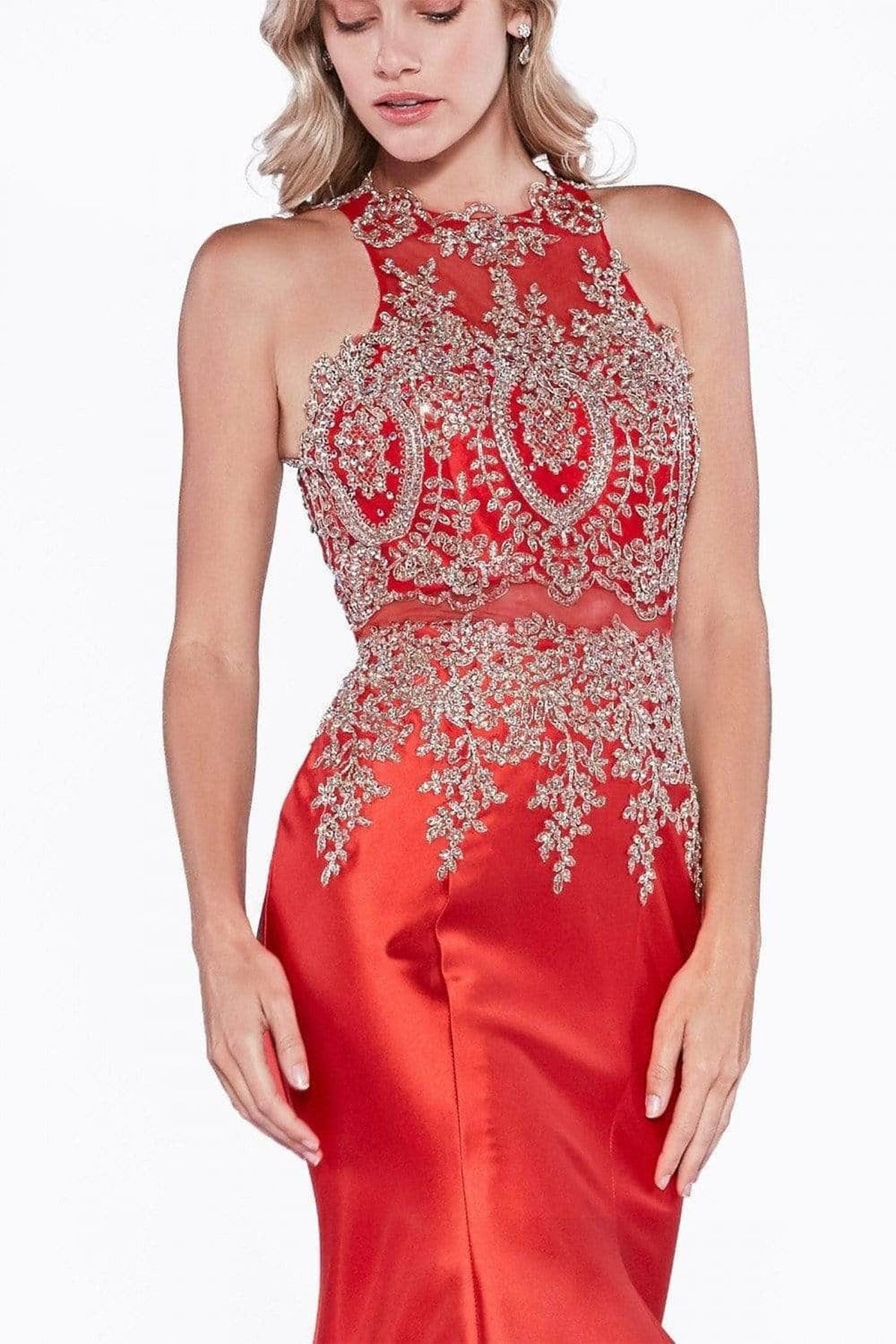 Ladivine 8934 - Metallic Lace High Neck Mermaid Evening Gown