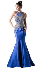 Ladivine 8934 - Metallic Lace High Neck Mermaid Evening Gown